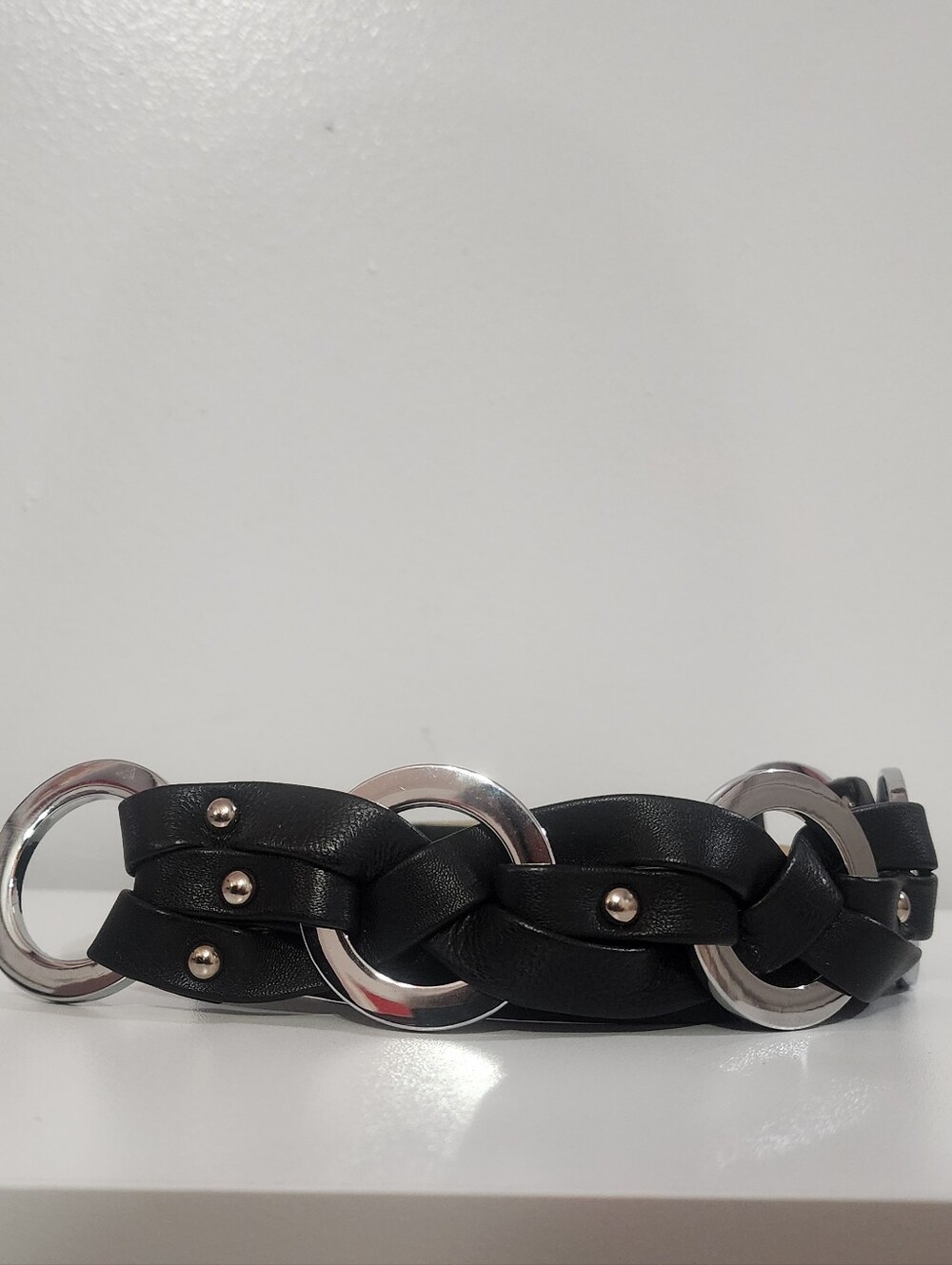 Worth Black Interwoven Leather Belt with Silver Rings